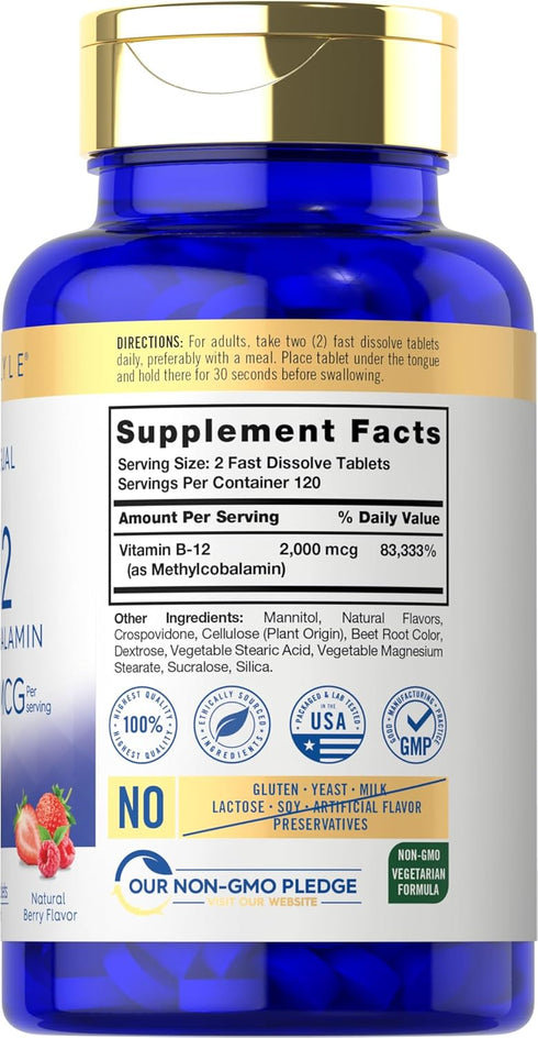 Carlyle Vitamin B-12 | 2000mcg | 240 Fast Dissolve Tablets | Methylcobalamin | Natural Berry Flavor | Vegetarian, Non-GMO & Gluten Free Sublingual Supplement