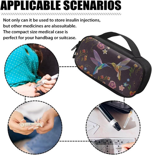 Diabetic Supplies Carrying Case Bag for Blood Glucose Monitor Kit, Testing Kit with Meter, Lancets, Retro Hummingbirds