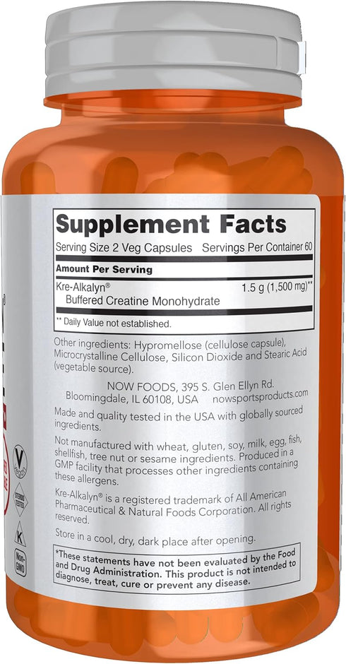 NOW Foods Sports Nutrition, Kre-Alkalyn Creatine 750 mg, Mass Building/Energy Production, 120 Veg Capsules