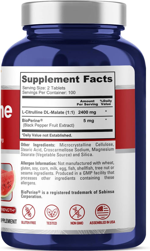 NusaPure L-Citrulline 2,400mg 200 Vegetarian Tablets (Non-GMO, Gluten Free, 100-Day Supply, Bioperine)