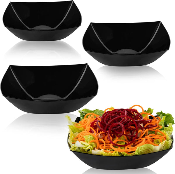 PLASTICPRO Disposable Square Serving Bowls, Black Plastic Snack or Salad Bowl Pack of 4, 64 OUNCE