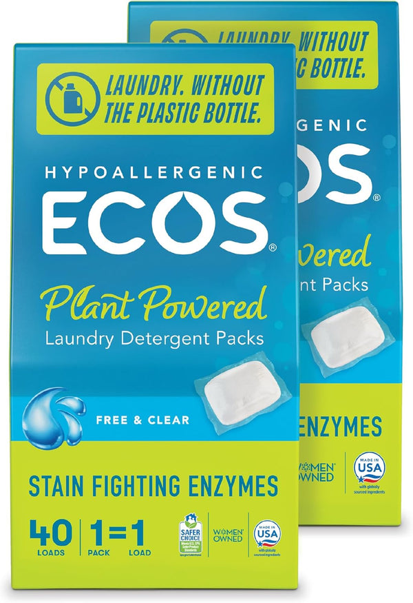 ECOS Laundry Detergent Packs, 80 Loads - Hypoallergenic, 100% Plastic Free Packaging, Free & Clear