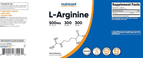 Nutricost L-Arginine 500mg | 300 Capsules | Gluten Free and Non-GMO