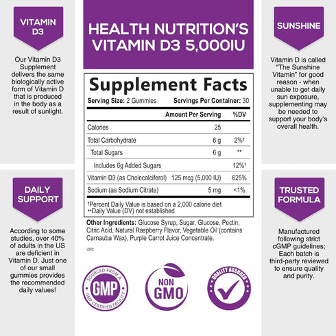 Vitamin D3 Gummies Extra Strength 5000 IU (125 mcg) - Bone, Teeth, Muscle & Immune Support Vitamin D Gummy Dietary Supplement, Nature's Berry Vitamin D Supplement, Non-GMO - 60 Gummies
