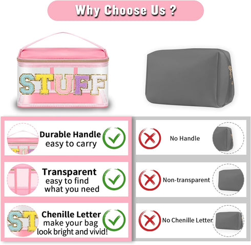 Chenille Letter Clear Makeup Bags Stuff Pouch, Preppy Zipper Makeup Bag with Handle, Transparent Waterproof Storage