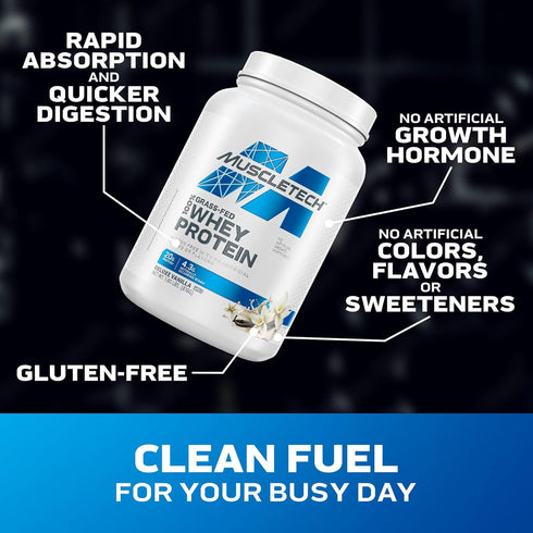 MuscleTech Grass Fed Whey Protein Powder - 20g Protein + 4.3g BCAA Deluxe Vanilla, 1.8 lbs - Hormone Free, Non-GMO,