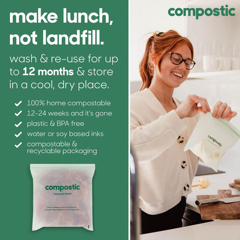 Home Compostable Resealable Gallon Bags, 60 Count (10.5"x10.5"), Microwave & Freezer Safe Organic Food Storage Container