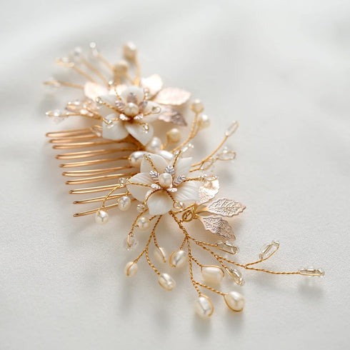 SWEETV Handmade Wedding Hair Comb, Flower Bridal Hair Clip, Hair Accessories for Bridal Hair