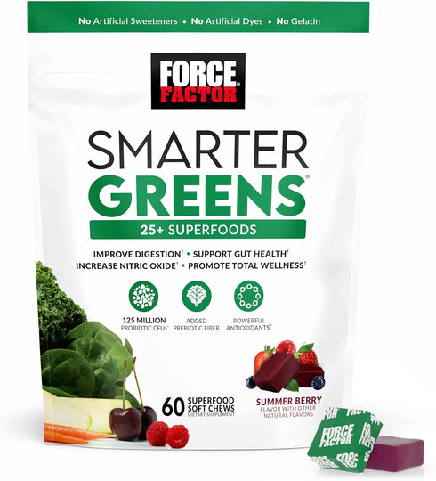 FORCE FACTOR Smarter Greens Superfood Chews, 60 Soft Chews with Probiotics, Antioxidants, Fiber for Digestion, Energy