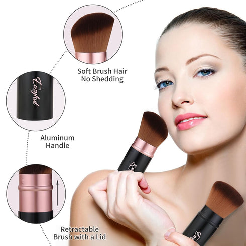Retractable Kabuki Makeup Brushes, 2 Pcs Blush Brushes Set for Liquid Cream Cosmetics Travel (rose gold)
