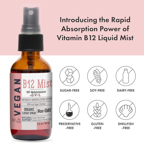 Organic Vegan Vitamin B12 Supplement Liquid Mist, 5,000mcg Methylcobalamin, Non-GMO, 240 Days Supply