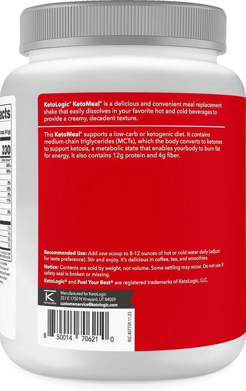 Ketologic Keto Meal Replacement Shake Powder, Optimal Results + MCT Oil + Grass-Fed Whey, 20 Servings, Vanilla