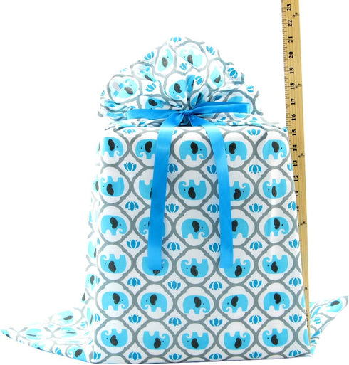 Elephants Reusable Fabric Gift Bag for Baby Shower or Child’s Birthday, Jumbo 27" x 33", Turquoise Blue