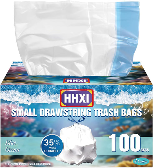 HHXI 100Ct 4 Gallon Small Trash Bags, Blue Ocean Garbage Bags, Scented Trash