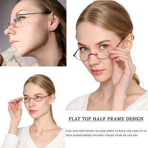 Viseng 2 Pairs Half Frame Reading Glasses, Slim Half Moon Lens Readers for Women Men, Metal Semi Rimless +2.0