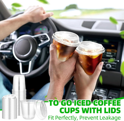 RMERVE 50 12 oz) Pcs Plastic Coffee Cups with Sip Lids, Disposable Plastic PET Crystal Cups with Strawless Lid for Iced