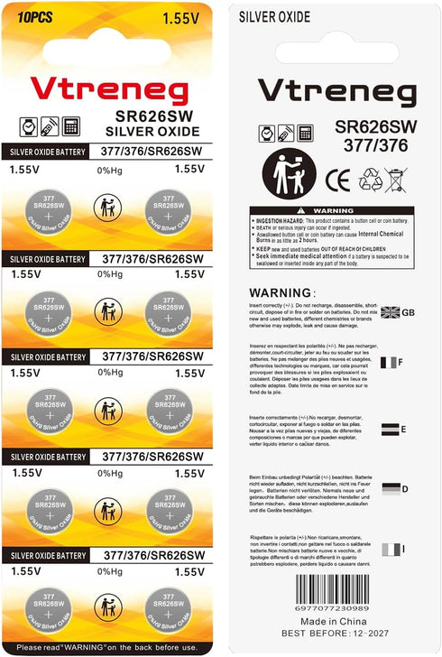 Vtreneg 10 Pack SR626SW 377 376 LR626 377A 626 AG4 1.55V Watch Battery Silver Oxide Button Cell Batteries