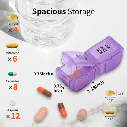 Yurkim 7-Day Mini AM PM Pill Organizer with Pill Cutter, Detachable Daily Pods, Slim Portable Travel Case, Pocket Purse