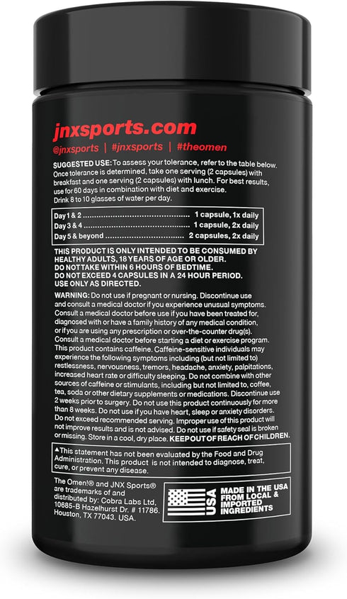 JNX SPORTS The Omen! Fat Burner Dietary Supplement, 50 SRV, 100 Caps for Men & Women
