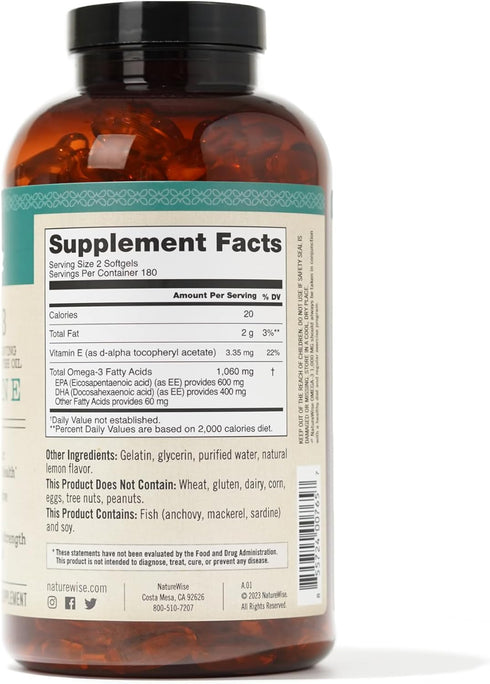 NatureWise Extra-Strength Omega 3 Fish Oil Supplement - 1000mg, 600 EPA & 400 DHA, Vitamin E - 360 Softgels, Lemon