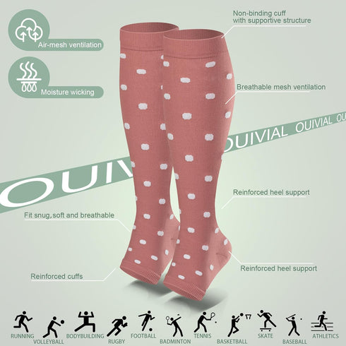 OUIVIAL 3 Pack 20-30mmHg Copper Compression Socks for Women&Men Open Toe Knee High Support Socks for Varicose Vein