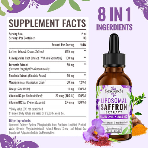 Saffron Supplements - 88.5 mg Saffron Extract Liposomal Drops for Mood, Energy, Vision & Focus with Ashwagandha,