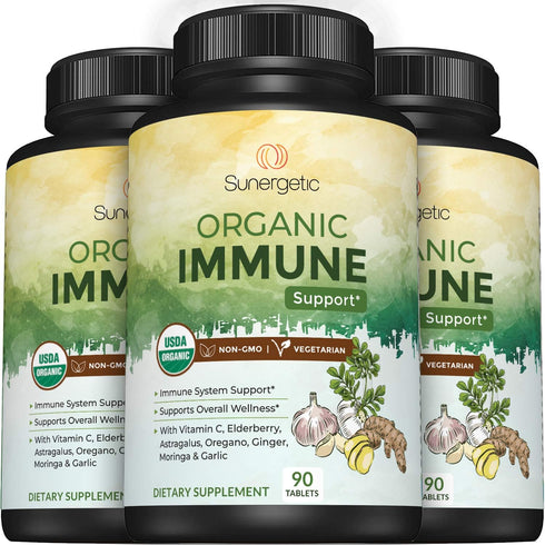 USDA Organic Immune Support Supplement with Vitamin C, Elderberry, and Garlic - 90 Tablets
