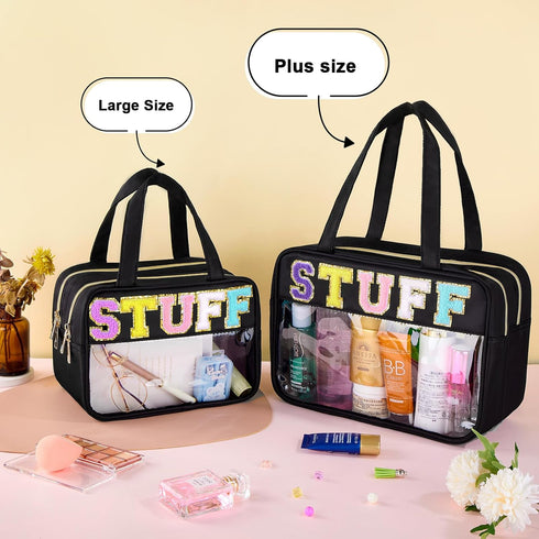 Chenille Letter Clear Makeup Bag, Preppy Cosmetic Bag Clear Snack Bags with Zipper, Stuff Bag Waterproof Sunscreen Bag Travel Toiletry Bag Cosmetic Pouch for Women and Girls (Plus Size, Black)