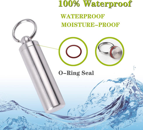 Keychain Pill Holder Container, Portable Waterproof Single Chamber Stainless Steel Pill Box for Outdoor Travel Camping