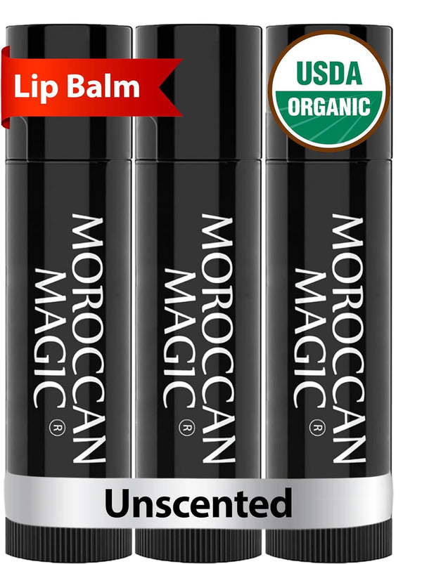 Moroccan Magic Organic Unscented Lip Balm 3 Pack | Ultra-Hydrating Argan Oil + Vitamin E | Natural Chapstick for Dry