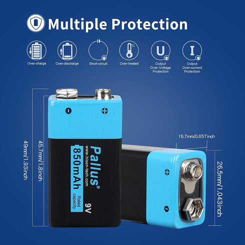 Pallus 9V 850mAh 9V Charger,6F22 Detectors,Toys,Flashlights4Pack Rechargeable Battery, Lithium-Ion Rechargeable