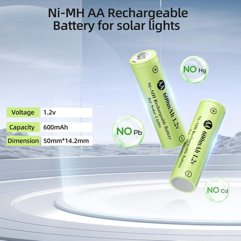 12 Pack AA 1.2V Ni-MH Rechargeable Batteries 600mAh for Outdoor Solar Lights, Pathway Lights