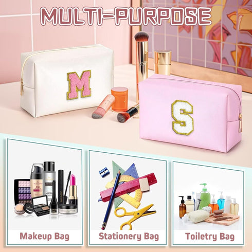 Preppy Patch Makeup Bag, Chenille Letter Pouch Cosmetic Bag, PU Leather Waterproof Toiletry Bag, Personalized Gift for