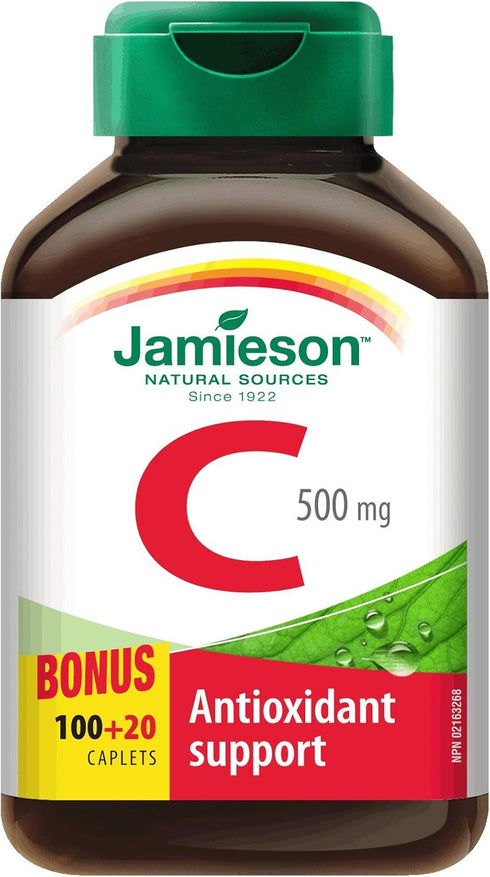 Jamieson Vitamin C, 500mg, Bonus Size 100+20 Caplets for Antioxidant Support