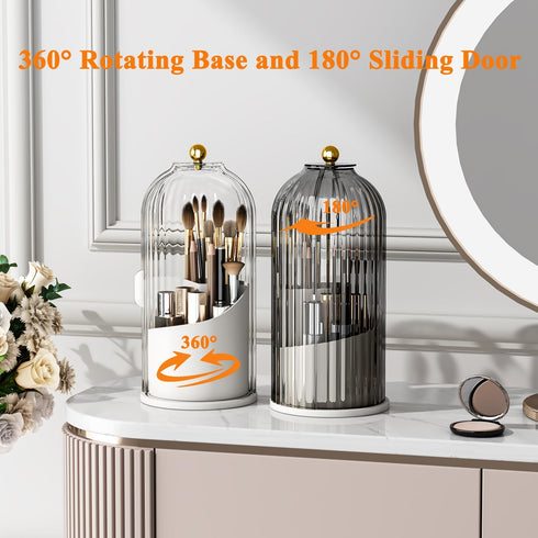 Makeup Brush Holder Organizer with Lid 360° Rotating Makeup Organizer Countertop Dustproof Cosmetics Organizer for Vanity Bathroom, Grey White