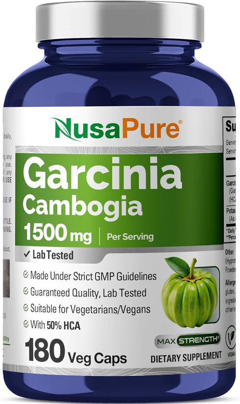 NusaPure Garcinia Cambogia 180 Veggie Caps 1500mg - Vegetarian, Non-GMO, Vegan