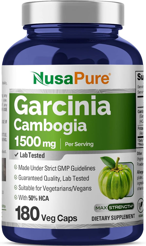 NusaPure Garcinia Cambogia 180 Veggie Caps 1500mg - Vegetarian, Non-GMO, Vegan