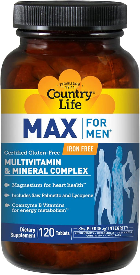 Country Life Max for Men Multivitamin: Iron-Free, 120 Vegetarian Tablets for Energy, Heart & Men's Health