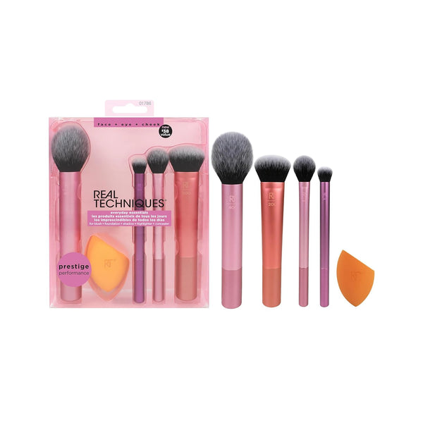 Real Techniques 5 Piece Everyday Essentials Makeup Brush Set, Includes 4 Brushes & Sponge, Travel Gift Set
