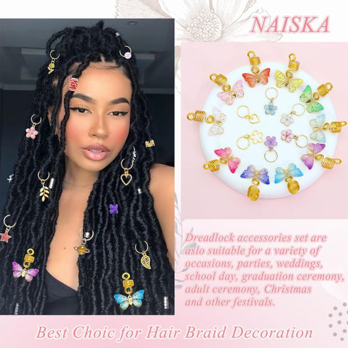 NAISKA 140Pcs Gold Butterfly Hair Jewelry, Colorful Star Flowers Loc Dreadlocks Accessories for Braid