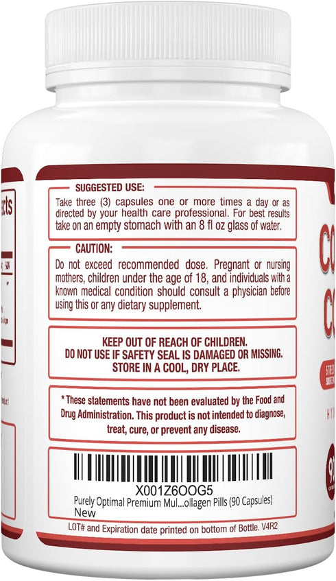 Purely Optimal Premium Multi Collagen Peptides Capsules (Types I, II, III, V, X) - Hair, Skin and Nails, Digestive &