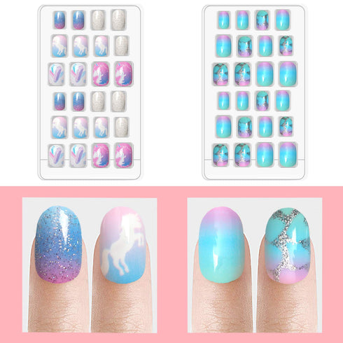 Laza 120pcs Children Nails Press On Pre-glue Full Cover Nail Tips Kit - Glitter Gradient Color Rainbow Short Artificial