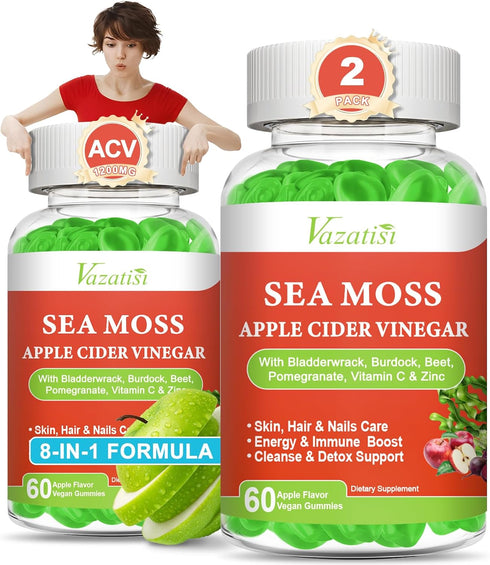 Vazatisi 2 Pack Apple Cider Vinegar Gummies, ACV with Sea Moss Gummies for