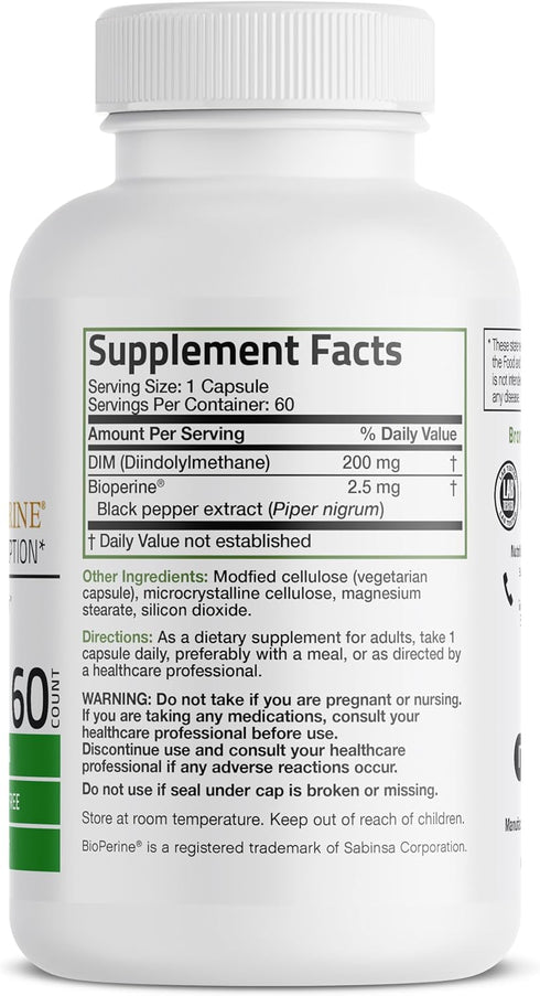 Bronson DIM Supplement 200 mg Diindolymethane with BioPerine for Enhanced Absorption, Estrogen Metabolism & Maintains Balanced Hormone Levels, 60 Vegetarian Capsules