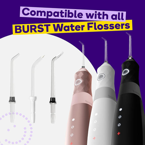 BURST Water Flosser Replacement Tips - 3pk Combo for Fresh Breath, Healthy Teeth & Gums, Plaque Removal