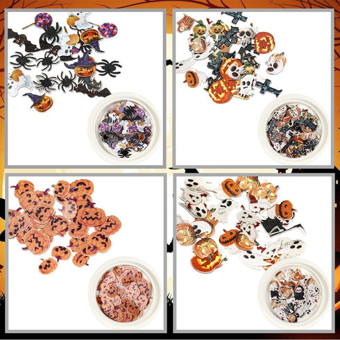 Kalolary 8 Boxes Halloween Nail Art Sequins, 3D Nail Art Decals Stickers for Pumpkin Witch Bat Manicure DIY Decoration