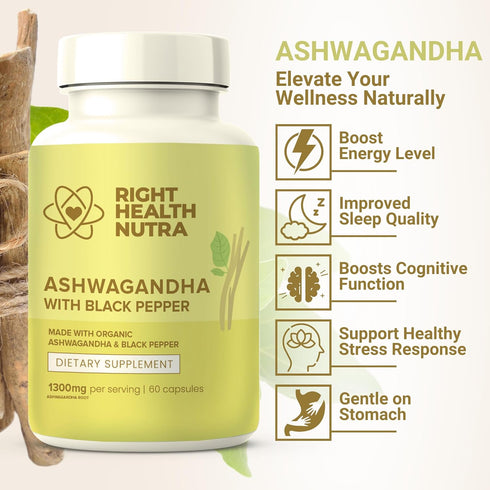 Ashwagandha Capsules - 60 Count - 1300mg Per Serving - Ashwagandha for Men and Women with Black Pepper for Maximum Absorption - Ashwagandha Supplements Made in The USA