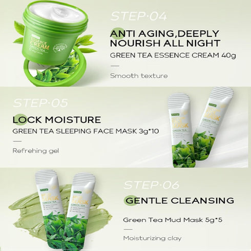 Green Tea Skincare Set, 19-In-1 Gift Set with Natural Extracts, Cleanser, Face Serum, Cream, Eye Cream & Facial Mask