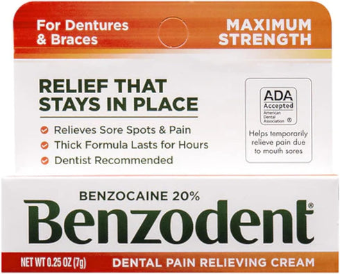 Benzodent Dental Pain Relieving Cream for Dentures and Braces, 0.25 oz tube (Pack of 3)