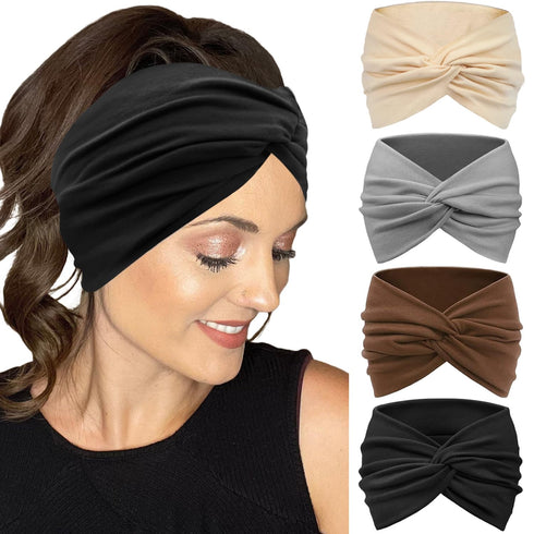IVARYSS Extra Wide Non-Slip Headbands for Women, 7'' Large Twist Knotted Stretchy Hair Accessories, 4 Pack, Neutral